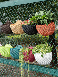 [EnidJuli] Wall Mounted Flowerpot Imitation Rattan Hanging Semicircular Gift Indoor Outdoor Balcony Planters Home Decoration European Style Vase