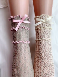 Womens Floral Lace Calf Socks Ruffle Trim Middle Tube Stockings Cute Japanese Style Lace Bowknot Socks