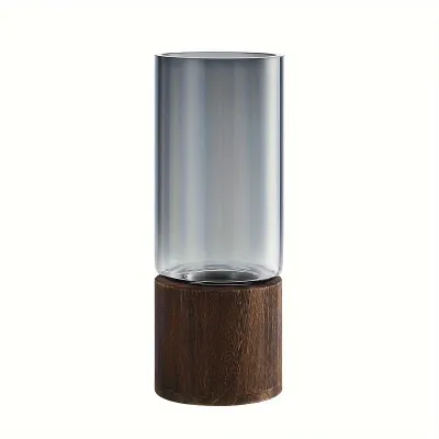 FCElegant Glass Vase with Wooden Base for Hydroponic Plants Modern Tabletop Floral Arrangement Home Decoration