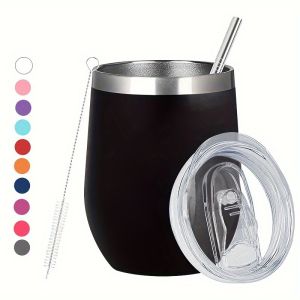 12 Oz Insulated Wine Tumbler with Lid Double Wall Vacuum Stainless Steel Wine Glass Coffee Mug Insulated Tumbler Cup for Champaign Cocktail Beer