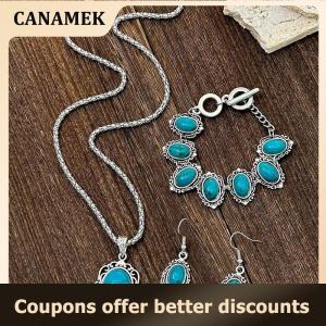 【 CANAMEK 】 3pcs Womens Vintage Turquoise Bracelet Necklace Earrings Set Healing Stone Decoration Gift