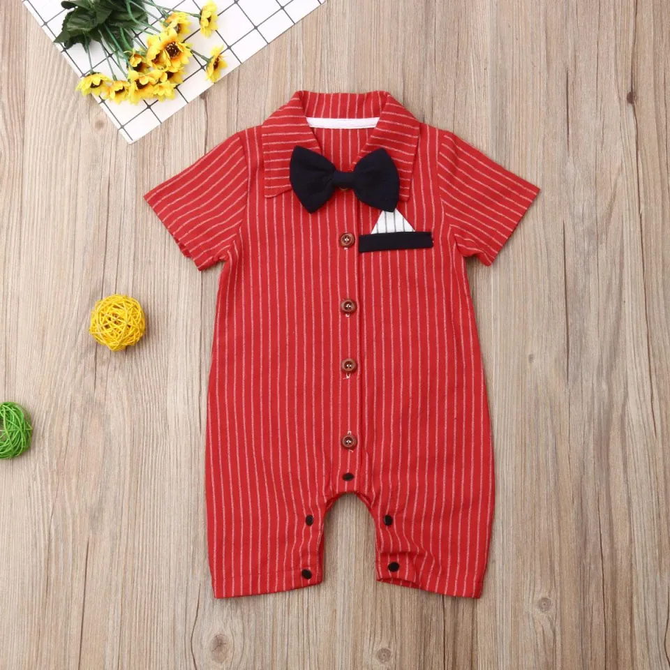 Gentlemen Baby Boy Newborn Bowtie Stripe Romper Bodysuit Outfits