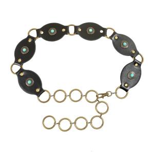 Vintage Turquoise Belt for Women Fashion Oval Disc PU Leather Belt Waistband for Pants Jeans Cowgirls Waist Ornament