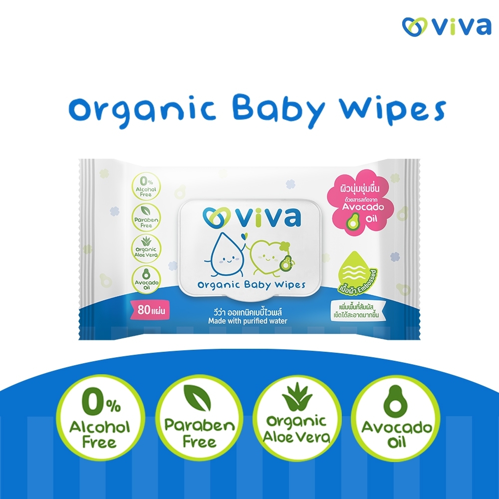 แผ่นทำความสะอาด ViVa วีว่า Organic Baby Wipes 80 แผ่น ยกลัง1X12 ทิชชู่เปียก ผ้าเปียก สูตรออแกนิค