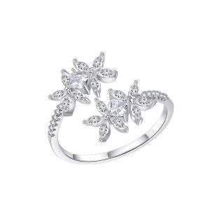 SEQUITO Elegant Ladies Jewelry White Gold Plated Pave Setting AAAAA Cubic Zirconia Delicate Floral Shape Open Cuff Finger Ring Adjustable Wedding Band SR135