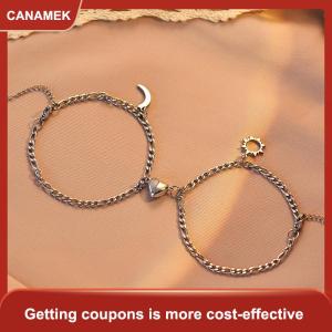 【CANAMEK 】 2PCS Stainless Steel Non-fading Hip-hop Hand Chain Love Magnet Sun Moon Bracelet For Couple Girlfriend Simple Hand Jewelry