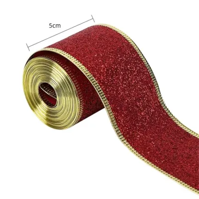 5cm/10yards Wired Glitter XMAS Ribbon for Gift Wrapping Decoration Christmas Tree Ribbon