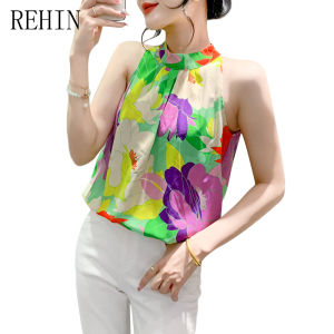 REHIN เสื้อแขนกุดอเนกประสงค์สำหรับผู้หญิงเสื้อเข้ารูปพอดีอเนกประสงค์คอตั้งแฟชั่นพิมพ์ลายดอกใหม่ฤดูร้อน บอดี้สูทหญิง