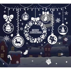 Decal trang trí Noel hít tĩnh điện - Vòng nguyệt quế trắng và rèm châu trắng xinh đẹp