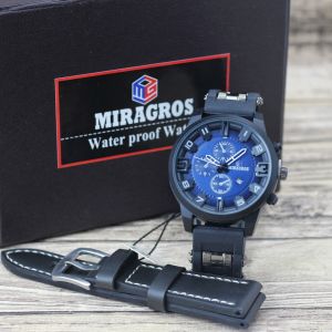 Jam tangan Miragros 6006 tali karet tanggal aktif chrono off free tali kulit analog original pria