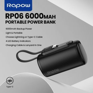Rapow RP06 6000mAh PMini Powerbank Built-in Lightning/Type C Cable Portable Charger for iPhone & Android Xiaomi Huawei Oppo Vivo Realme Other(power bank original brand)