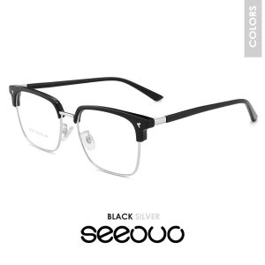 Seeouo Frame Kacamata Model Browline Kotak Stylish Bahan Metal+TR90 Fashionable Pria Wanita Ringan Comfortable Bisa MInus Antiradiasi Blueray Photocromic 52187