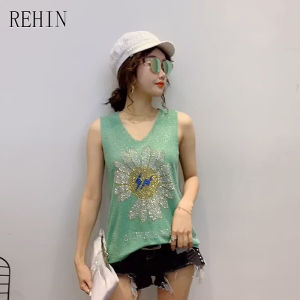 REHIN Womens top Summer new V-neck slim fit with Sleeveless T-shirt suspenders heavy ironing drill knitted small tanks