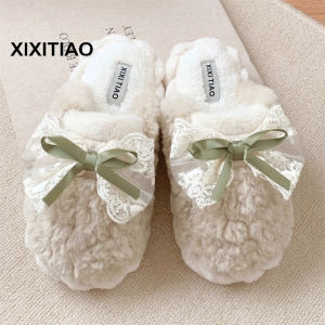 XIXITIAO Male and Female Home Indoor Warm Winter Cotton Shoes Korean Style Fairy Style Bow Fashion New Couple Cotton Slippers