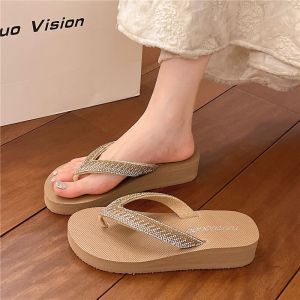 [Free Shipping] Shiny Rhinestone Simple High-Heel Sandals for Summer Mid-Heel Flip-Flops for Women Non-Slip and Durable