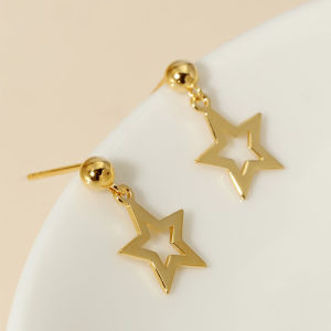 Hollow Five-pointed Star Ear Stud Eardrop S925 Sterling Silver Plated with 14K Gold Simple Ins Style