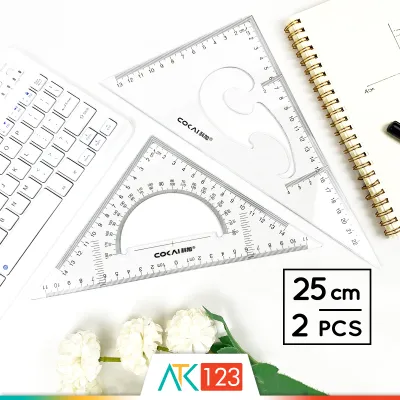 Penggaris / Mistar Segitiga / Busur Derajat / Mal Pola Lengkung / Kurva / Wayang / Jahit Transparan / Bening / Transparent / Clear Triangle / Triangular Ruler / Protractor / French Curve Set 25 cm RLS-KJ-1225