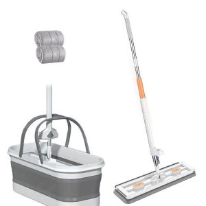 Hands-Free Flat Mop with Foldable Bucket Set/42cm Wide Mop Head/No Installation Needed