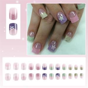 24 Pcs Valentines Day Stick on Nail French Tip False Nail Lovely Flowers Press On Nail Manicures Supplies for Woman