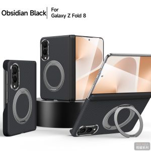 Magnetic 6000D Carbon Fiber Woven Bumper Phone Case With Built‑in 360° Rotatable Magnetic Stand For Samsung Galaxy Z Fold 8 / Fold 8 Ultra Obsidian Black Anti‑Fingerprint Full Hinge Shockproof Hard Back Cover