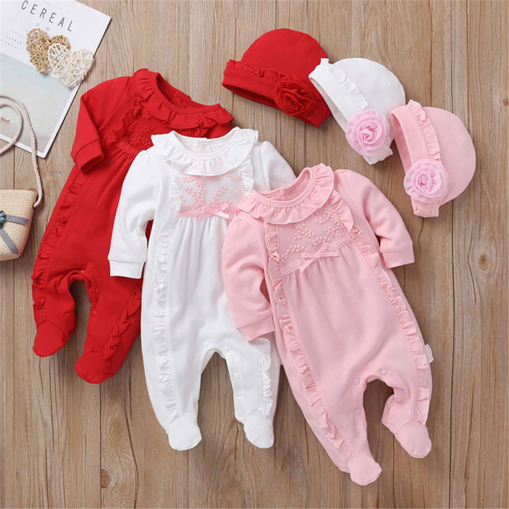 Newborn Baby Girl Clothes 3D Flower Romper Jumpsuit Bodysuit Hat Outfit Set  2PCS 0-8 months