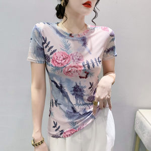 Yimei tay ngắn áo thun lưới cổ tròn gạc 2023 Áo Thun Nữ Quảng châu thời trang mùa hè Áo in ôm vừa thời trang và xinh đẹp