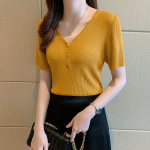 New Arrivals womens casual solid color V-neck knitted short sleeve shirt