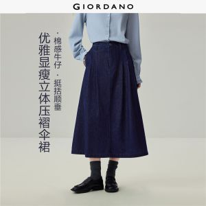 Giordano Beau Monde Women Pleated high waist a-line washed denim skirt Free Shipping 13466675