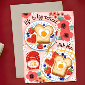 Couple Love Card - Life Is Egg-cellent With You | Egg Toast Heart Food Pink | A6 Romance Greeting Card