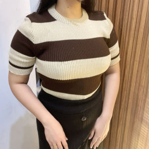 Pakaian Striped Wanita Garis garis Baju Atasan Lengan Pendek Stripe Kaos Salur Wanita Rajut Tebal Premium