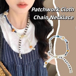 COVIEEZB Strip Patchwork Cloth Chain Necklace Clavicle Chain Multicolor Wood Bead Necklace Geometric Jewelry Accessories Bohemian Choker Women