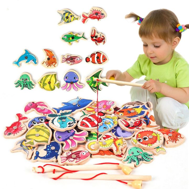 ENJOYIT Cartoon Children Kids Parent-child Interactive Wooden Early  Educational Marine Life Cognition Fishing Toys Fish Rod Toys Fshing Game  Busy Board Fshing Game Toys