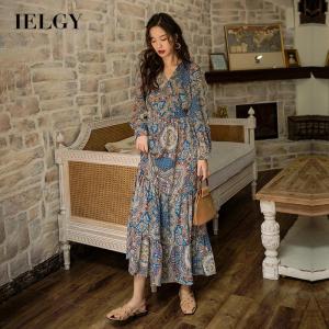 IELGY Slim Fashion Court style Temperament Retro Bohemia dresses for women Waist Long sleeves Printing
