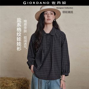Giordano Women Gingham doll collar raglan sleeve shirt Free Shipping 18346823
