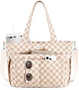 Corduroy Tote Bag for Women 17 Pockets Laptop Work Tote Purse Large 15.6” Computer Bag w/ 40oz Cup Holder & Strap Zipper Tea