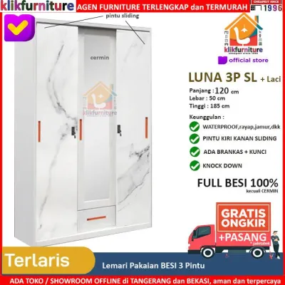 PROMO BIG SALE Lemari Pakaian Besi 3 Pintu Sliding LUNA 3P + Cermin Laci