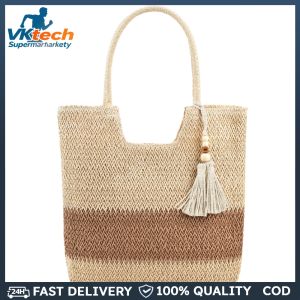 Summer Hand-Woven Handbags Contrast Color with Tassels Ladies Woven Tote Large-Capacity Handmade Fashion Casual Simple for Seaside Holiday