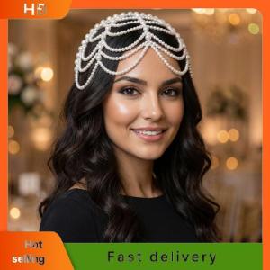 HB Fashion Pearl Beaded Headband Hollow Out Tassel Forehead Decoration Hair Accessories for Wedding Photos