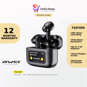 Awei T56 ANC+ENC Noise Cancelling Wireless Earbuds with Smart Touch Screen | Bluetooth Earphones with Microphone Mic