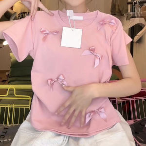 VINTLOOK เสื้อยืดแขนสั้นสีชมพูโบว์หวานแหวววเสื้อเอวลอยพอดีตัวสไตล์ใหม่สำหรับนักเรียนฤดูร้อน