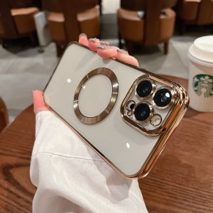 Luxury Transparent Plating Magsafe Wireless Charging Case for iPhone 12 13 14 15 Pro Max 14 Plus Cases With Lens Camera Protection Shockproof Cover For iphone14Pro Max 13 Pro Max 12 Pro Max 11 Pro Max Cases All-inclusive Soft Tpu Case For 14pro max case