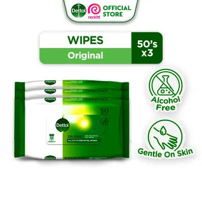 Bundle of 3 Dettol Antibacterial Wipes Original Wet Tissue 50s