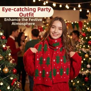 GOXBERK Striped Pattern Christmas Hat Scarf Thermal Yarn Plush Pom Santa Claus Beanie Winter Knitwear Hat Snowflake Print Knitted Holiday Scarf Family Gathering