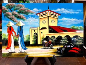 Tranh Sơn Mài Chợ Bến Thành hàng xuất khẩu cao cấp( tặng kèm khung)