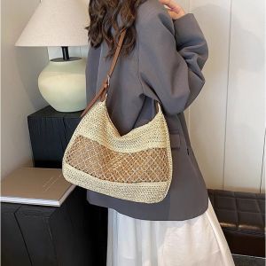 THOMA แฟชั่นสำหรับผู้หญิง กระเป๋าโท้ทแบบสาน ง่ายๆ จุได้มาก กระเป๋าสะพายไหล่โบฮีเมียน ลำลองแบบสบายๆ ถุงช้อปปิ้งถุง กระเป๋าฟางชายหาดฤดูร้อน สาวๆ