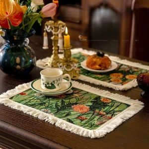 GAOSU Thickened Floral Tassel Placemats Heat-Resistant American Retro Heat-Insulating Dining Pad Creative Decorative Woven Table Mats Dining Table