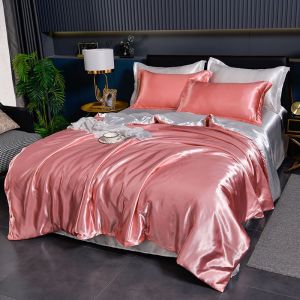 Double-Sided Ice Silk Quilt Cover Four-Piece Set ins Solid Color Summer Washed Silk Duvet Cover Bed Sheet Student Dormitory Three-Piece Set LZD