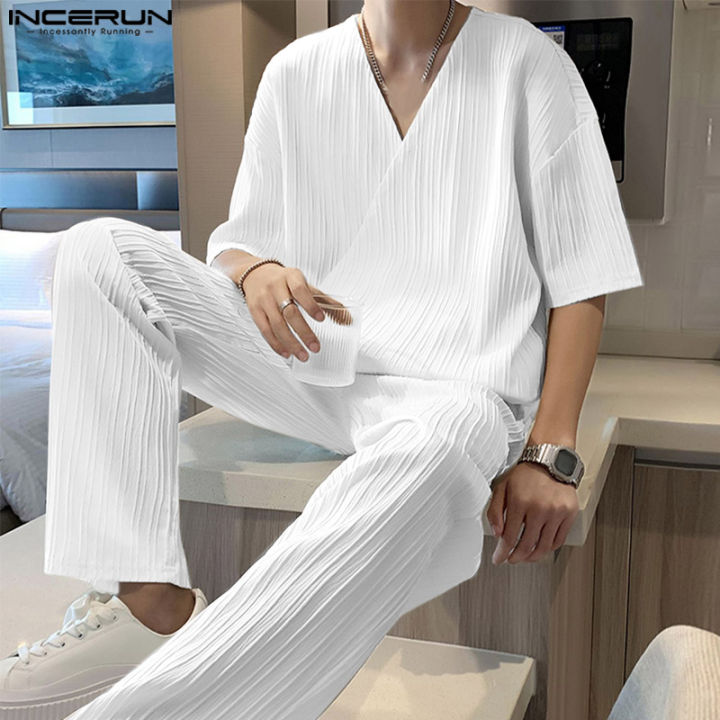 Mens 2pcs Set Fashion Horizontal Striped Pajama Set Summer Stripe Short  Sleeve Tops+ Solid Long Pants Loose Trousers Sleepwear 