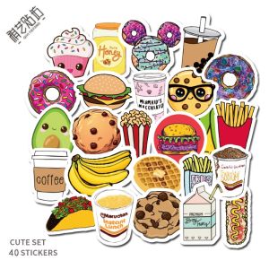 MOONSTRUCK 40Pcs Sticker Cute Food Cartoon Children Kids Present Gift Stationery 食物小清新可爱涂鸦贴纸文具吉他水杯笔记本 SK220610