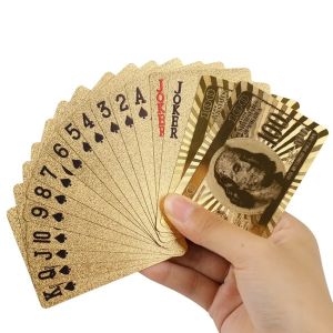 54 Cards/1Set Dollar Design Playing Cards Family Entertainment Poker Game Gold Foil Plastic Waterproof Poker Magic Card